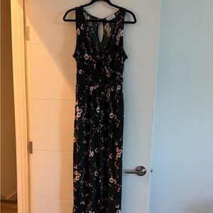 Floral Sleeveless Wrap jumpsuit - Black with rust Flowers
